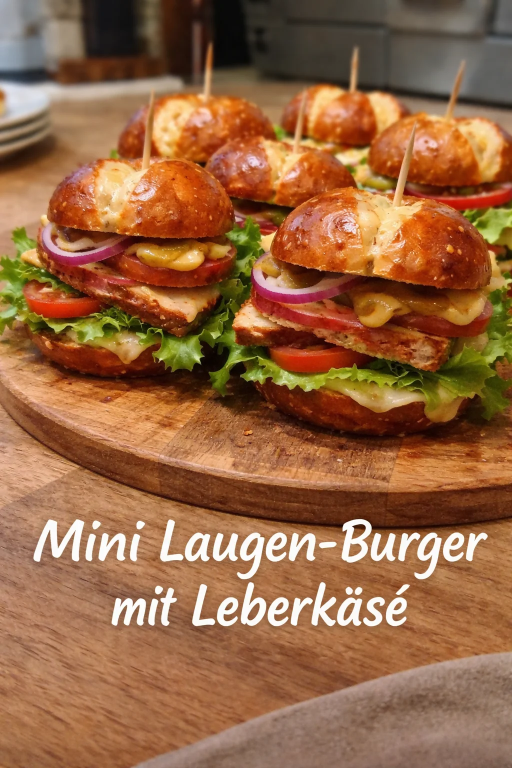 Mini Laugen-Burger mit Leberkäse auf einem Holzbrett serviert