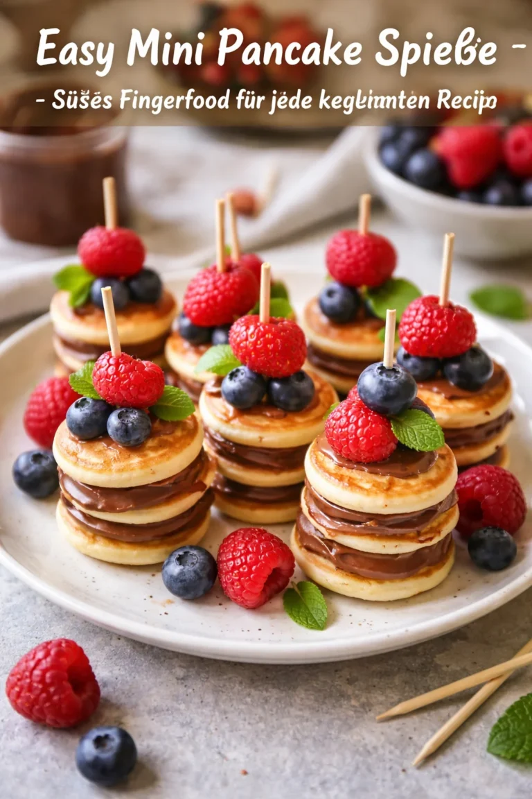 Mini Pancake Spieße auf einem Teller serviert, ideales Fingerfood für Feiern
