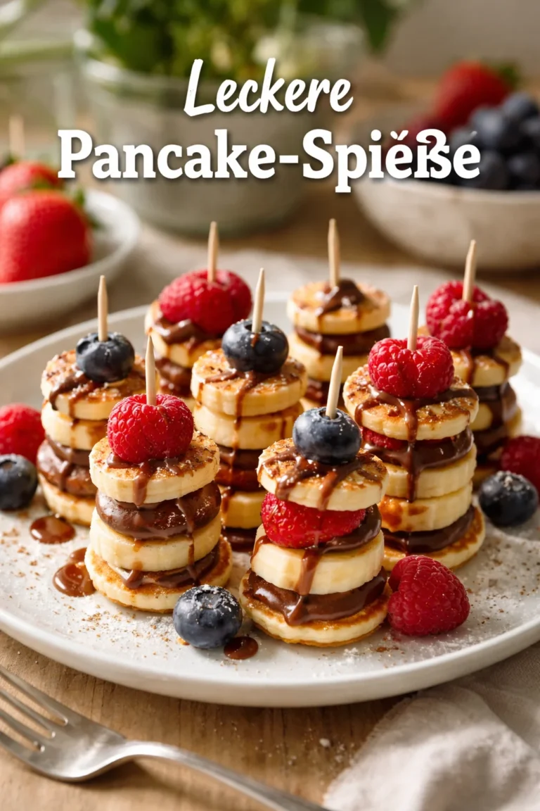 Bunte Mini-Pfannkuchen-Spieße auf einem Teller, perfekt als Snack