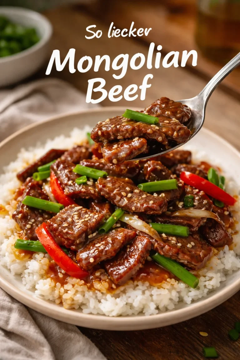 Schüssel mit köstlichem Mongolian Beef, serviert mit Gemüse und Reis
