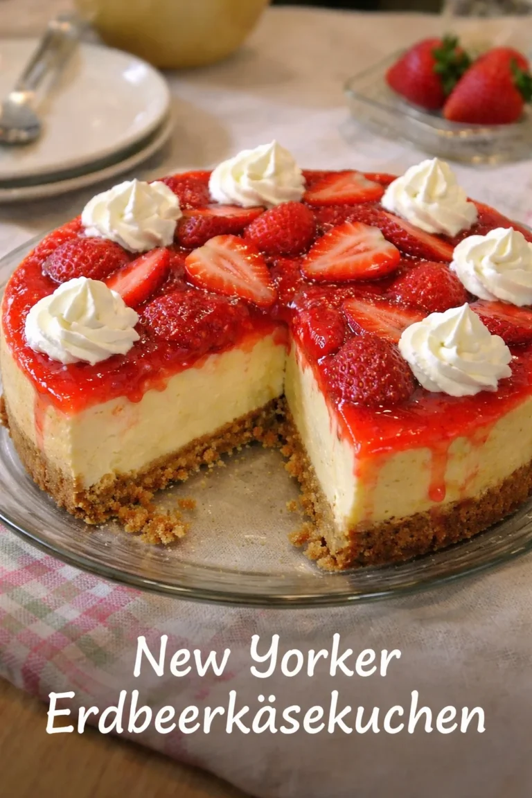 Ein New Yorker Erdbeerkäsekuchen mit frischen Erdbeeren und cremigem Käsebelag.