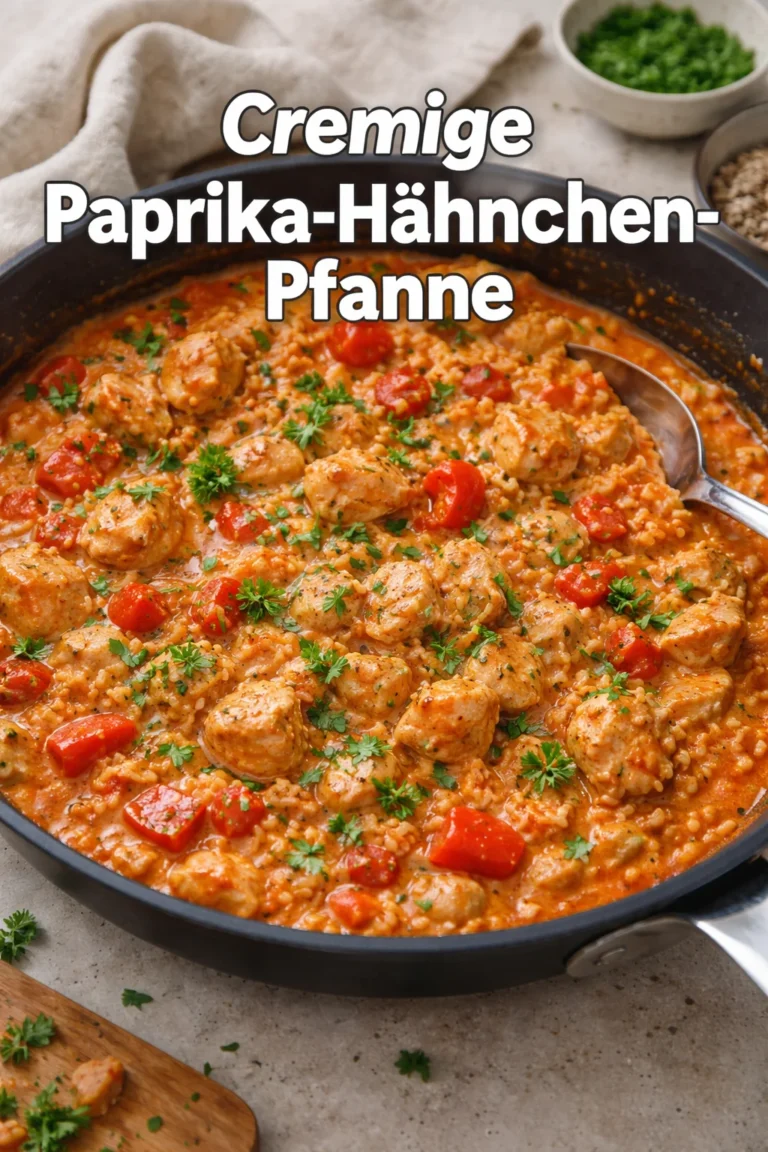Paprika-Hähnchen-Pfanne mit Reis, cremig und lecker zubereitet.