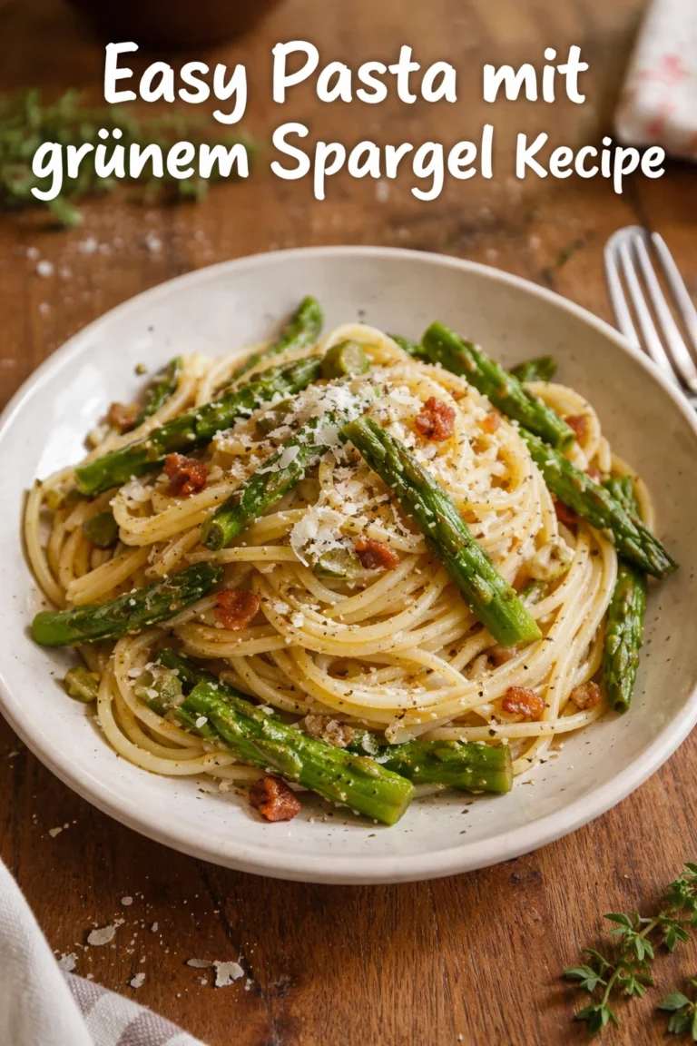 Pasta mit grünem Spargel in einem Teller, frisch zubereitet