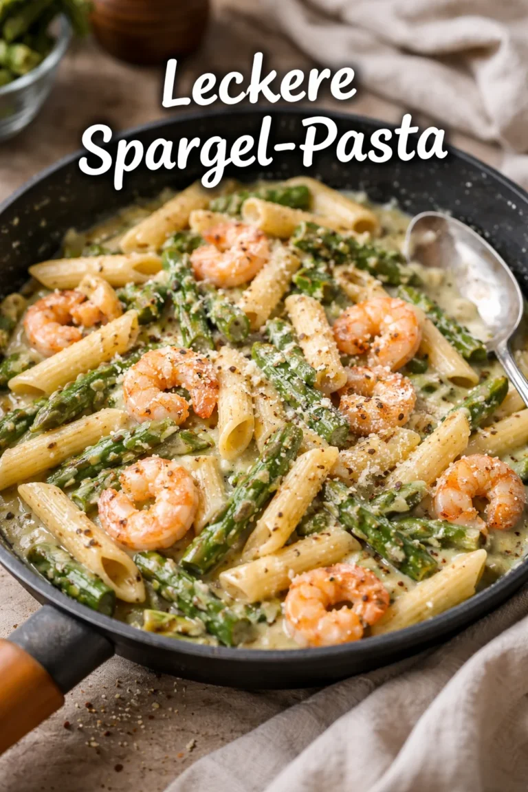 Pasta mit grünem Spargel und Garnelen serviert auf einem Teller