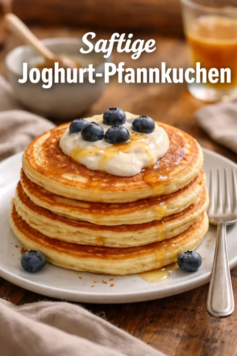Pfannkuchen mit Naturjoghurt, frisch zubereitet auf einem Teller.