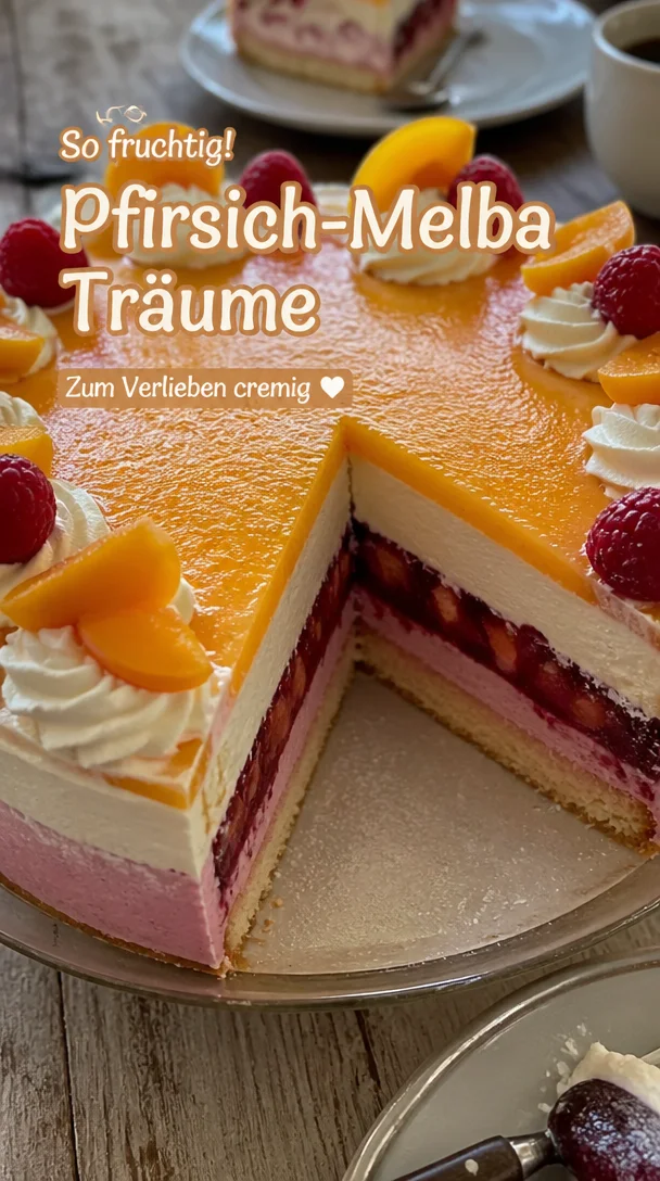 Pfirsich-Melba-Torte mit frischen Pfirsichen und cremigem Belag
