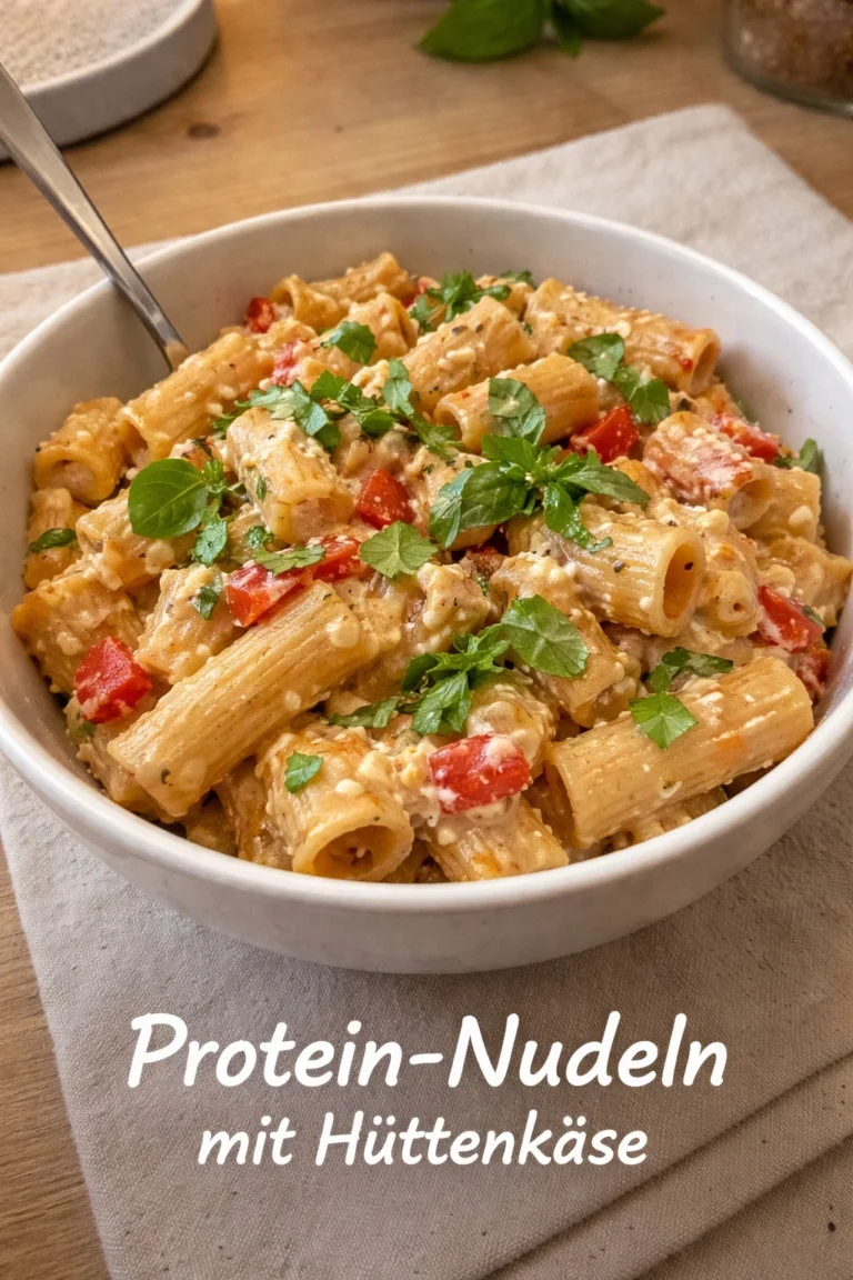 Protein-Nudeln mit Hüttenkäse auf einem Teller serviert
