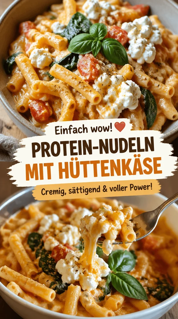 Protein-Nudeln mit Hüttenkäse, gesund und proteinreich, serviert auf einem Teller