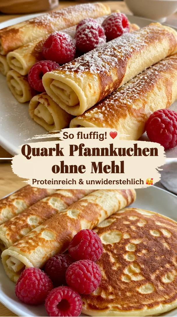 Fluffige proteinreiche Quark Pfannkuchen ohne Mehl auf einem Teller