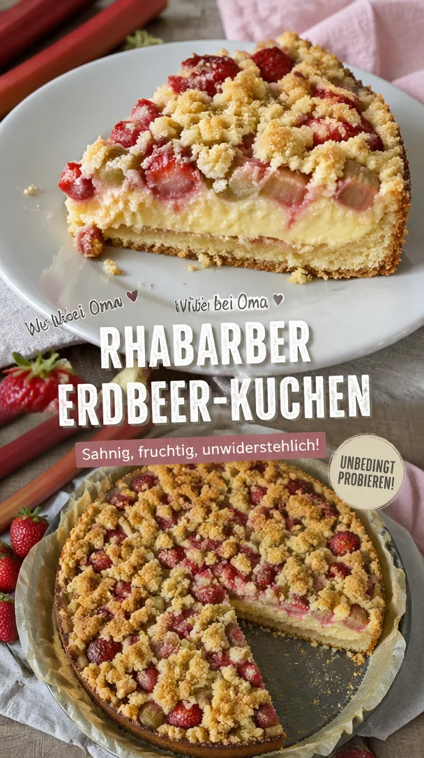 Pudding-Streusel-Kuchen mit Rhabarber und Erdbeeren auf einem Teller