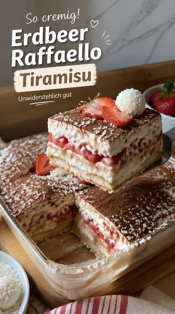 Raffaello Erdbeer Tiramisu - cremiges Dessert mit Erdbeeren und Raffaello