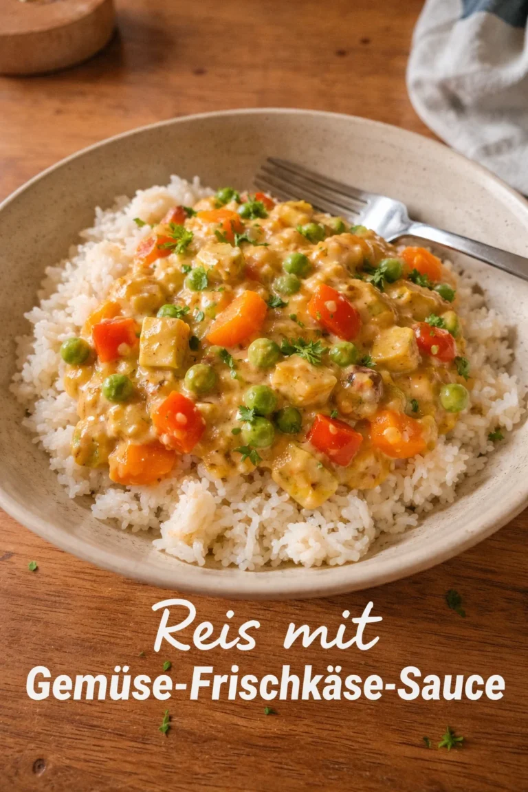 Reis mit cremiger Gemüse-Frischkäse-Sauce auf einem Teller serviert.