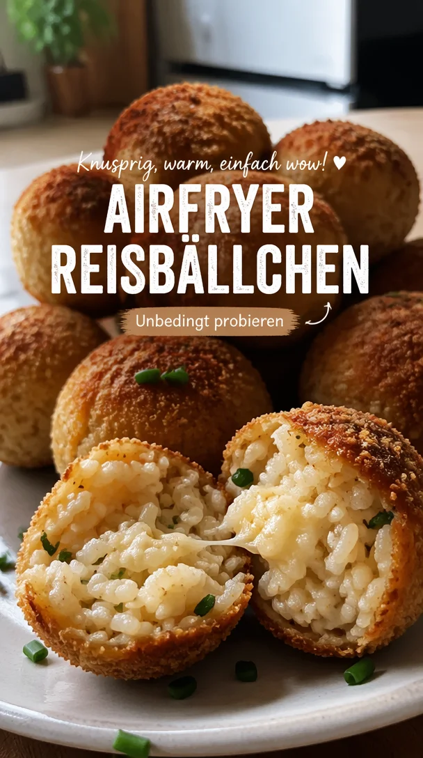 Reisbällchen, frisch zubereitet im Airfryer, goldbraun und knusprig.