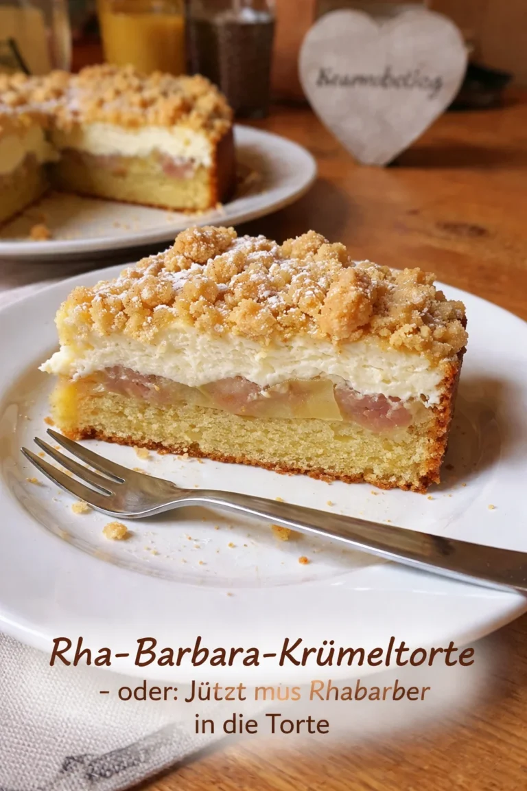 Rhabarber Torte Rha-Barbara-Krümeltorte mit frischem Rhabarber und krümeliger Oberfläche.