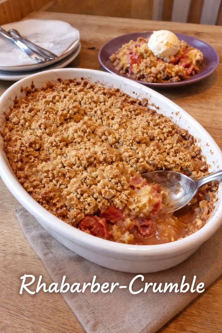 Leckeres Rhabarber-Crumble auf einem weißen Teller serviert.