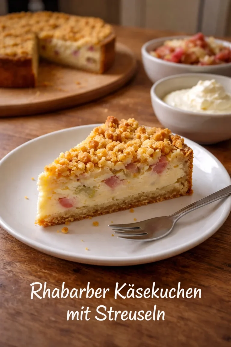 Rhabarber Käsekuchen mit Streuseln auf einem Teller serviert