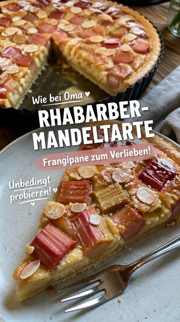 Rhabarber-Tarte mit Mandelcreme auf einem Kuchenteller
