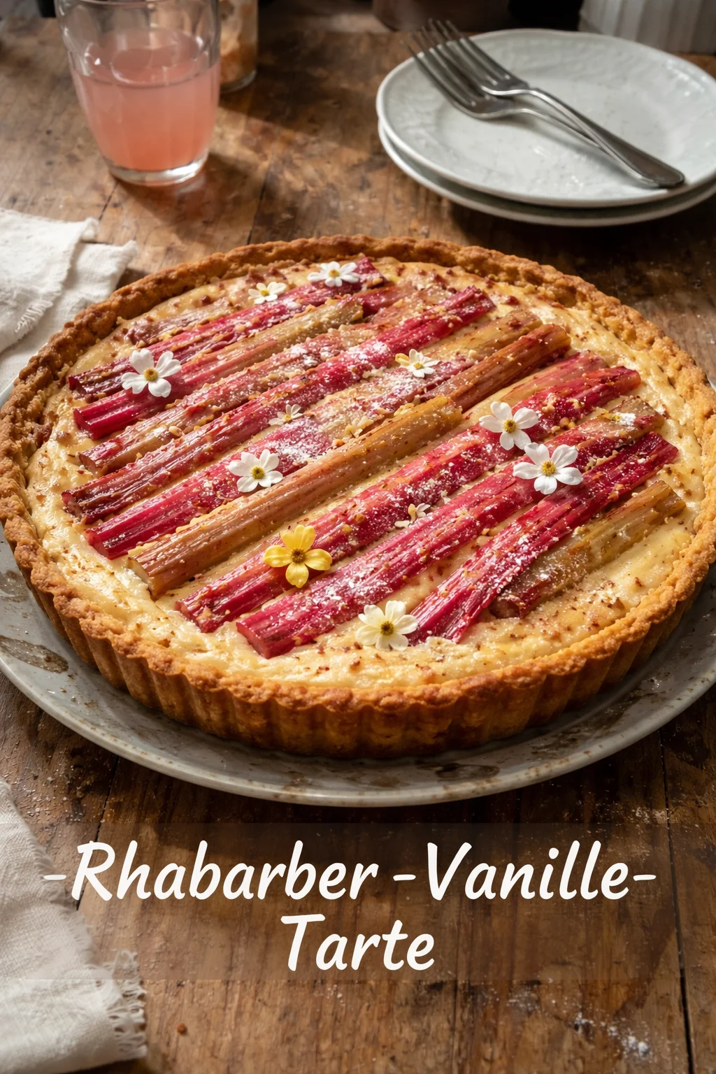 Köstliche Rhabarber-Vanille-Tarte auf einem Teller serviert.