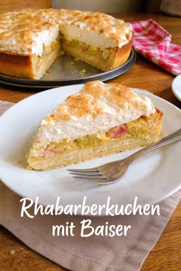 Rhabarberkuchen mit Baiser auf einem Teller, dekoriert mit frischen Rhabarberstücken.
