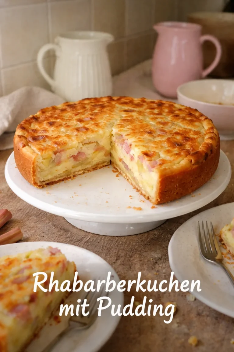 Rhabarberkuchen mit Pudding auf einem weißen Teller, frisch gebacken