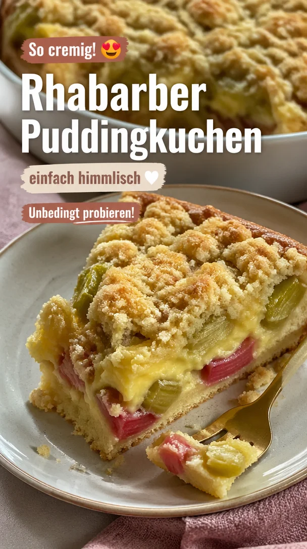 Rhabarberkuchen mit Pudding und Streuseln auf einem Tablett