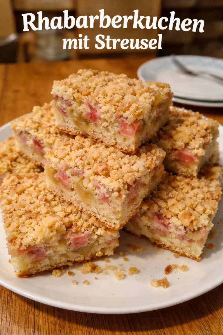 Rhabarberkuchen mit Streusel auf einem Teller serviert