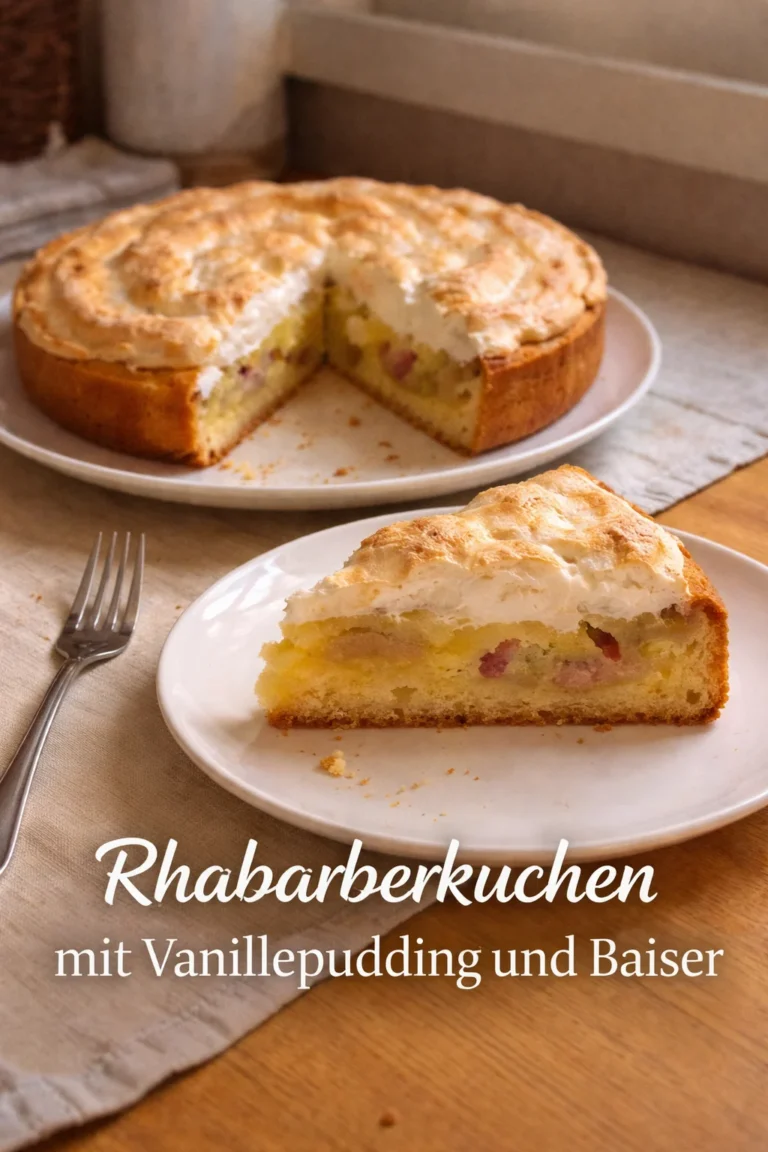 Rhabarberkuchen mit Vanillepudding und Baiser auf einem Teller