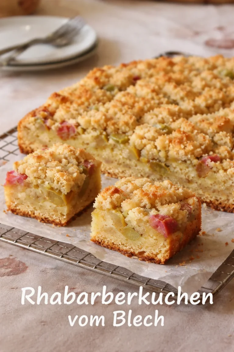 Rhabarberkuchen vom Blech auf einem Teller, frisch gebacken und garniert.