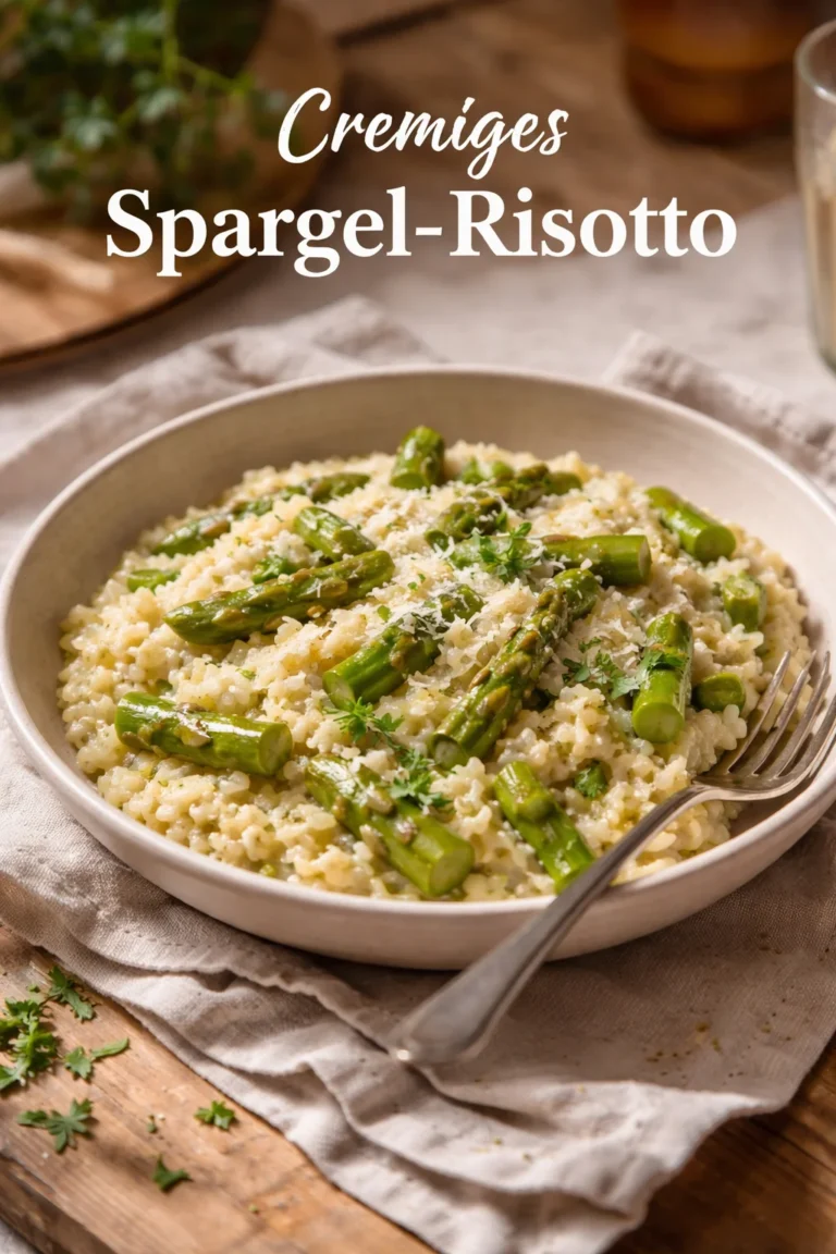 Cremiges Risotto mit grünem Spargel auf einem Teller präsentiert