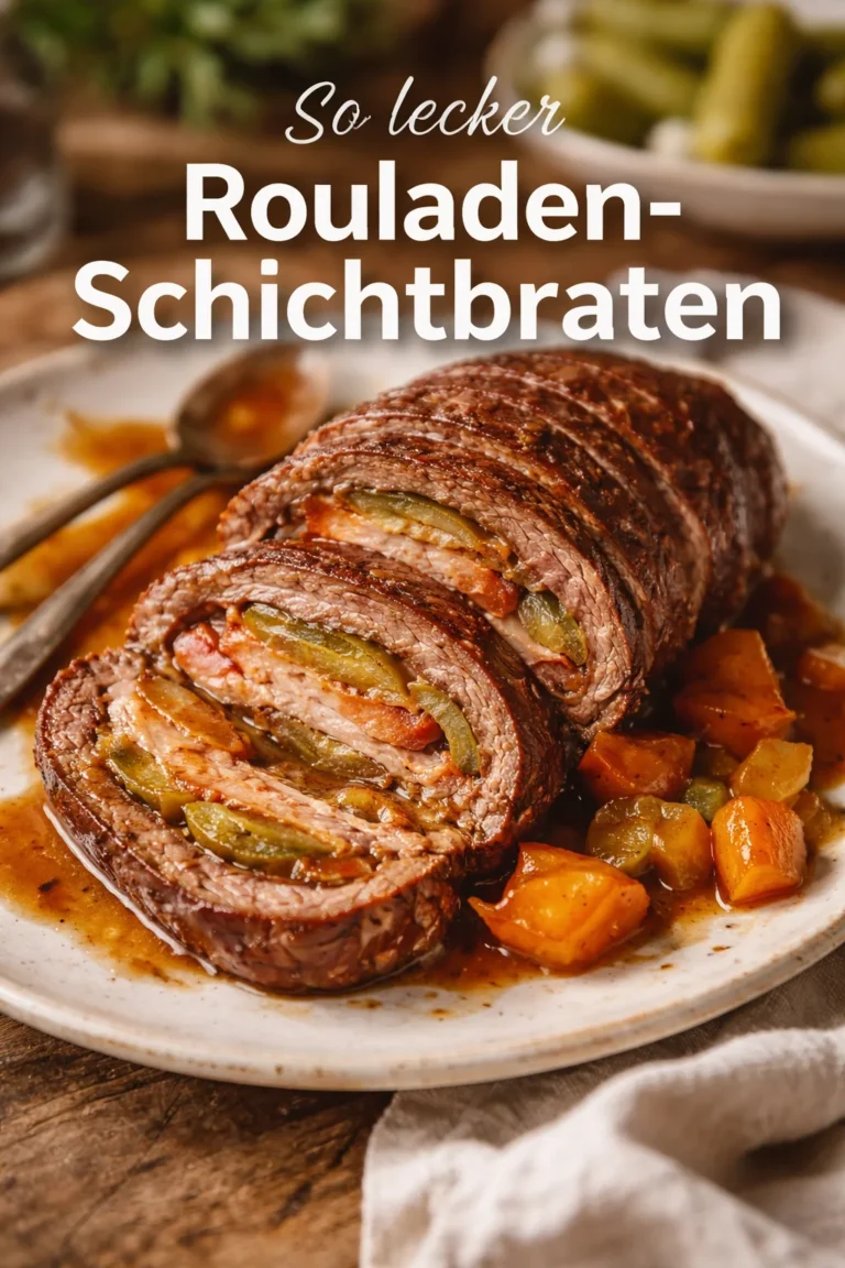 Leckerer Rouladen-Schichtbraten auf einem Teller, serviert mit Beilagen
