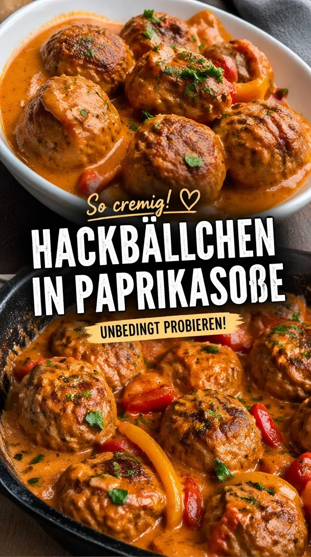 Saftige Hackbällchen in einer aromatischen Paprikasoße serviert.