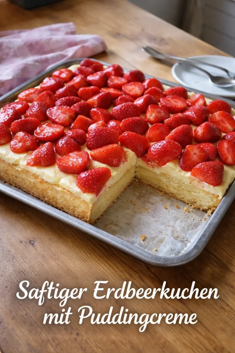 Saftiger Erdbeerkuchen mit Puddingcreme auf einem Holztablett