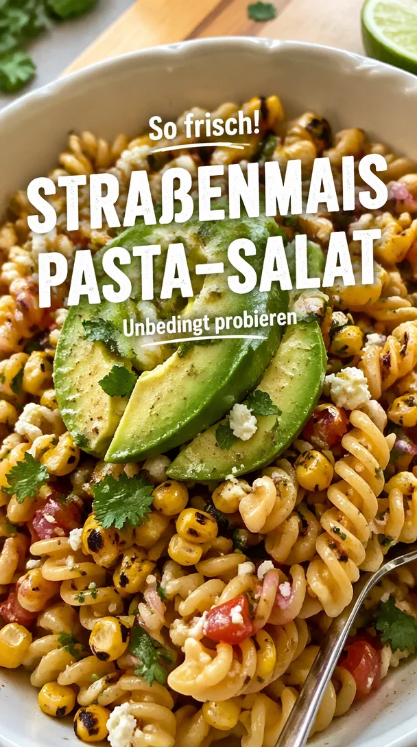 Saftiger Straßenmais-Pasta-Salat in einer bunten Schüssel serviert