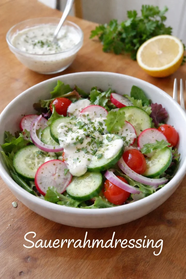 Hausgemachtes Sauerrahmdressing in einer Schüssel mit frischen Kräutern
