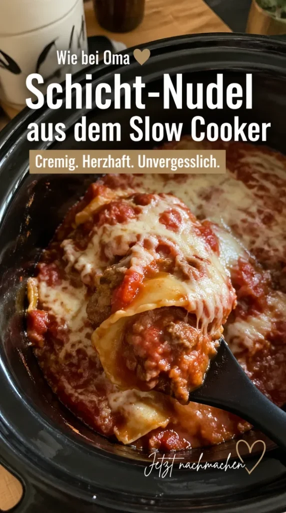 Schichtnudelauflauf aus dem Slow Cooker auf einem Teller serviert