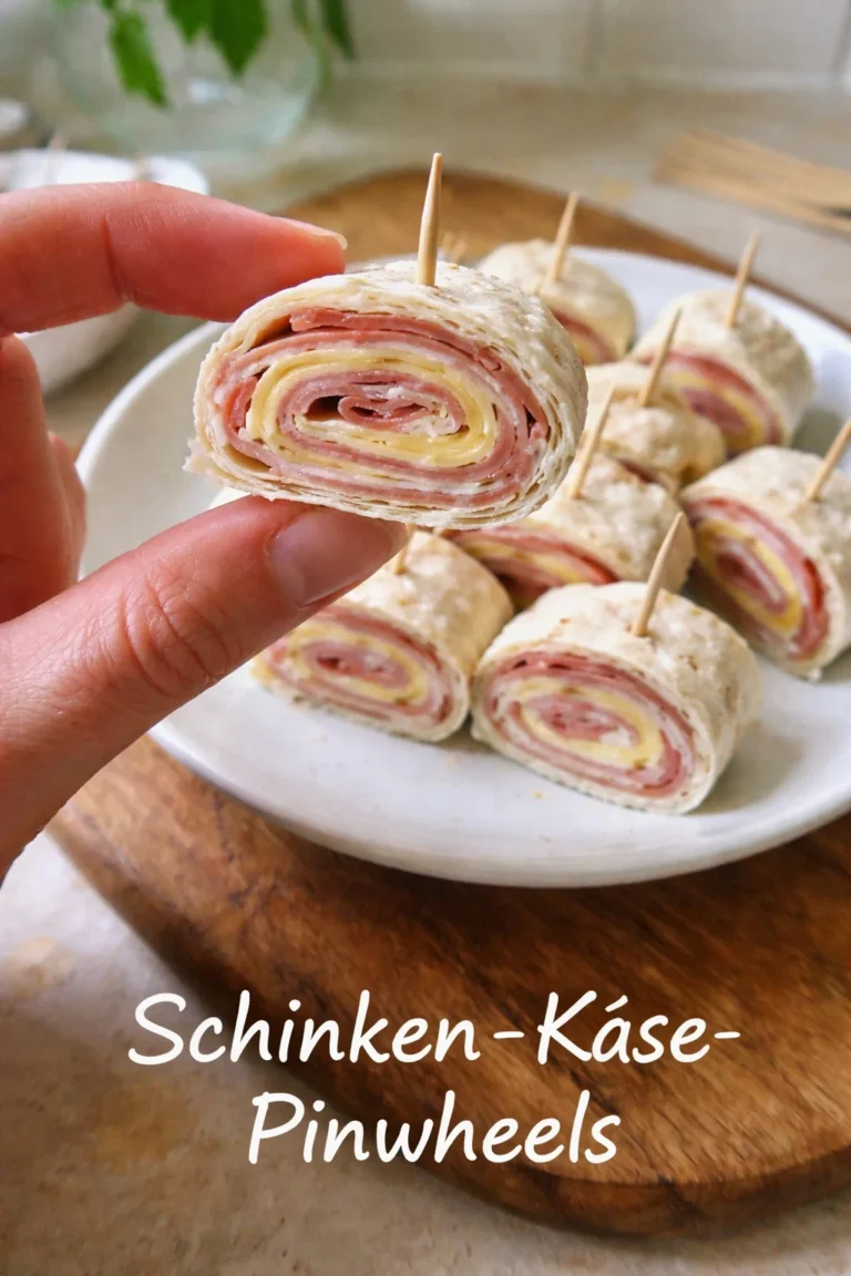 Schinken-Käse-Pinwheels auf einem weißen Teller serviert.