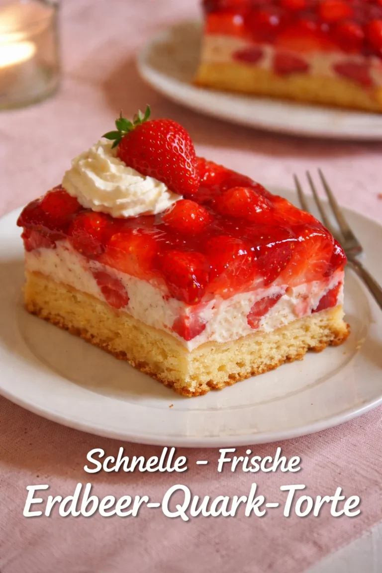 Schnelle und frische Erdbeer-Quark-Torte auf einem Teller