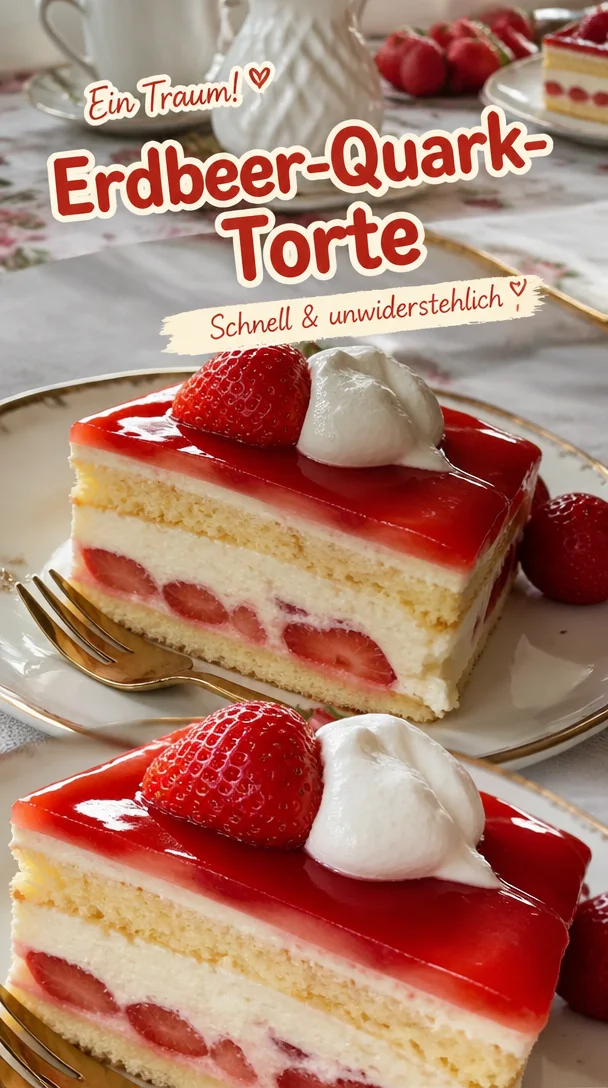 Schnelle Erdbeer-Quark-Torte mit frischen Erdbeeren und cremigem Quark