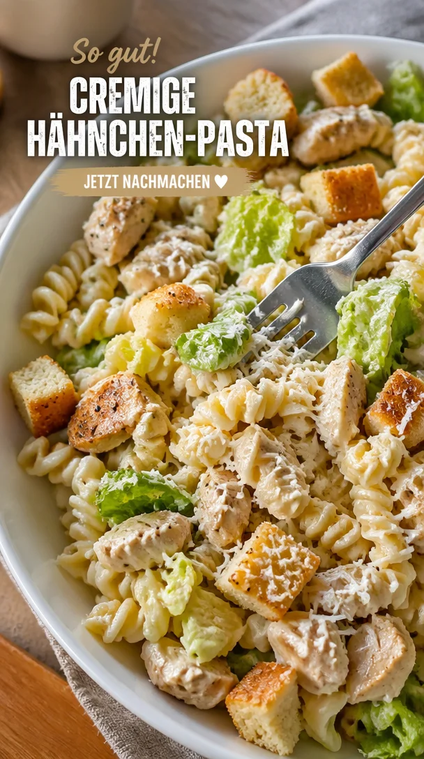 Schnelle Pasta mit Hähnchen und buntem Gemüse auf einem Teller