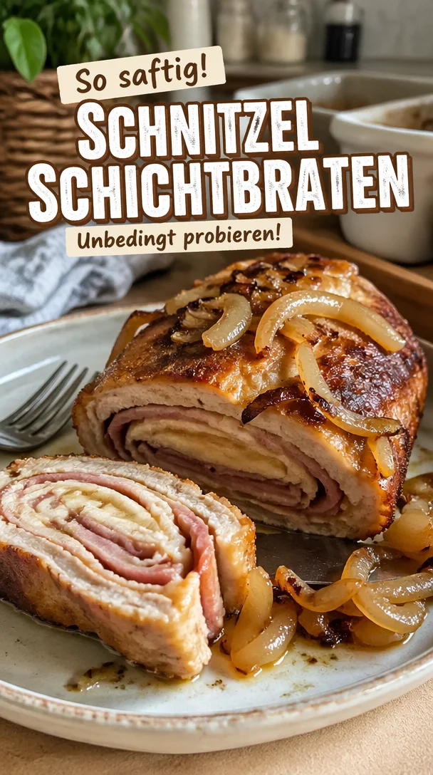 Schnitzel-Schichtbraten auf einem Teller mit Beilagen serviert