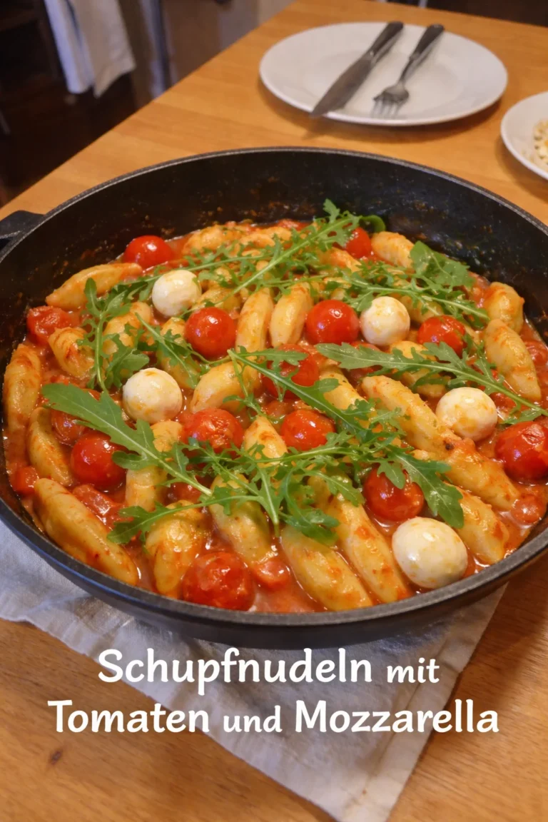 Schupfnudeln mit Tomaten und Mozzarella in einem bunten Teller serviert.