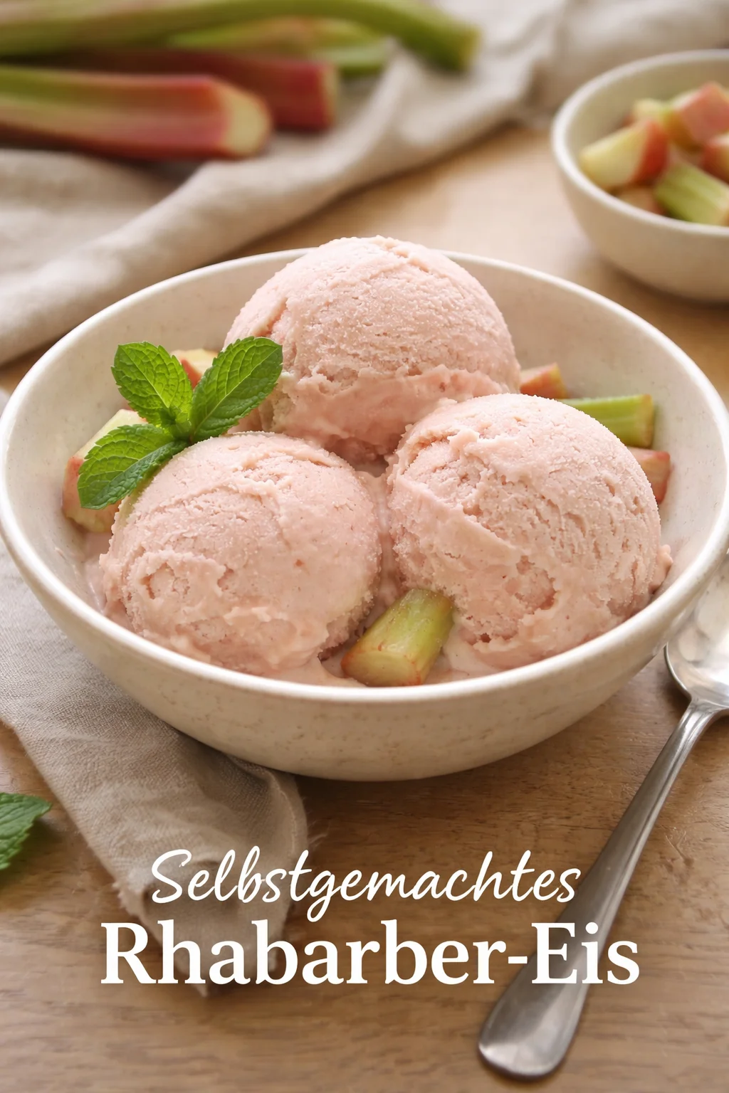 Selbstgemachtes Rhabarber-Eis in einer Waffeltüte serviert
