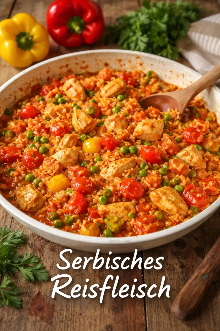 Serbisches Reisfleisch mit Gewürzen in einer traditionellen Präsentation.