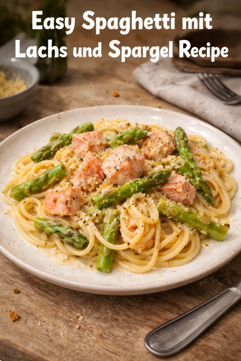 Spaghetti mit Lachs und Spargel auf einem Teller, garniert mit frischen Kräutern.
