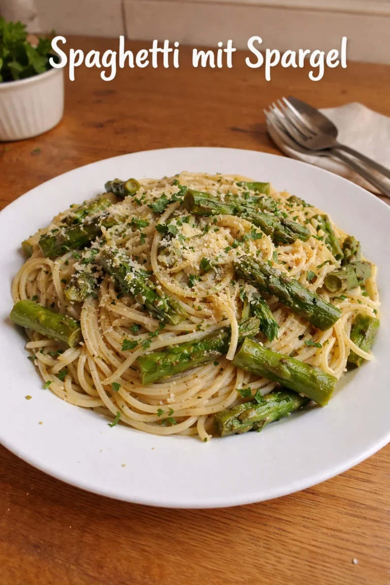 Teller mit Spaghetti und frischem Spargel, garniert mit Parmesan