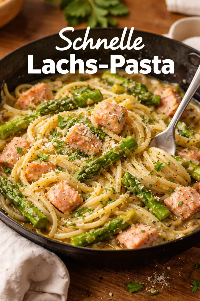 Spaghetti mit grünem Spargel und frischem Lachs auf einem Teller