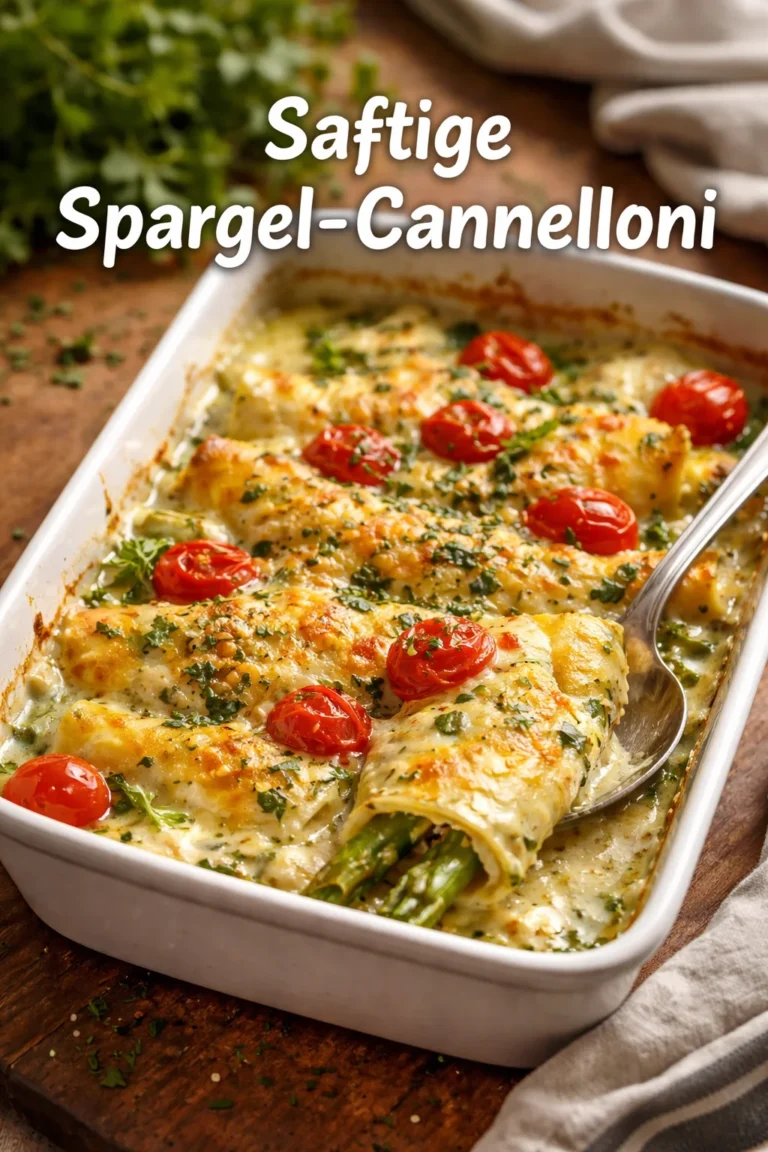 Spargel-Cannelloni mit Kräutersauce auf einem Teller, dekoriert mit frischen Kräutern