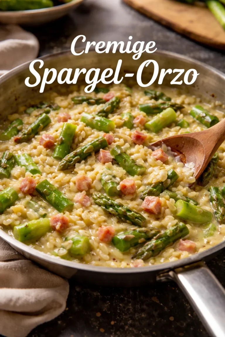 Spargel-Orzo-Pasta mit Schinken auf einem Teller serviert.