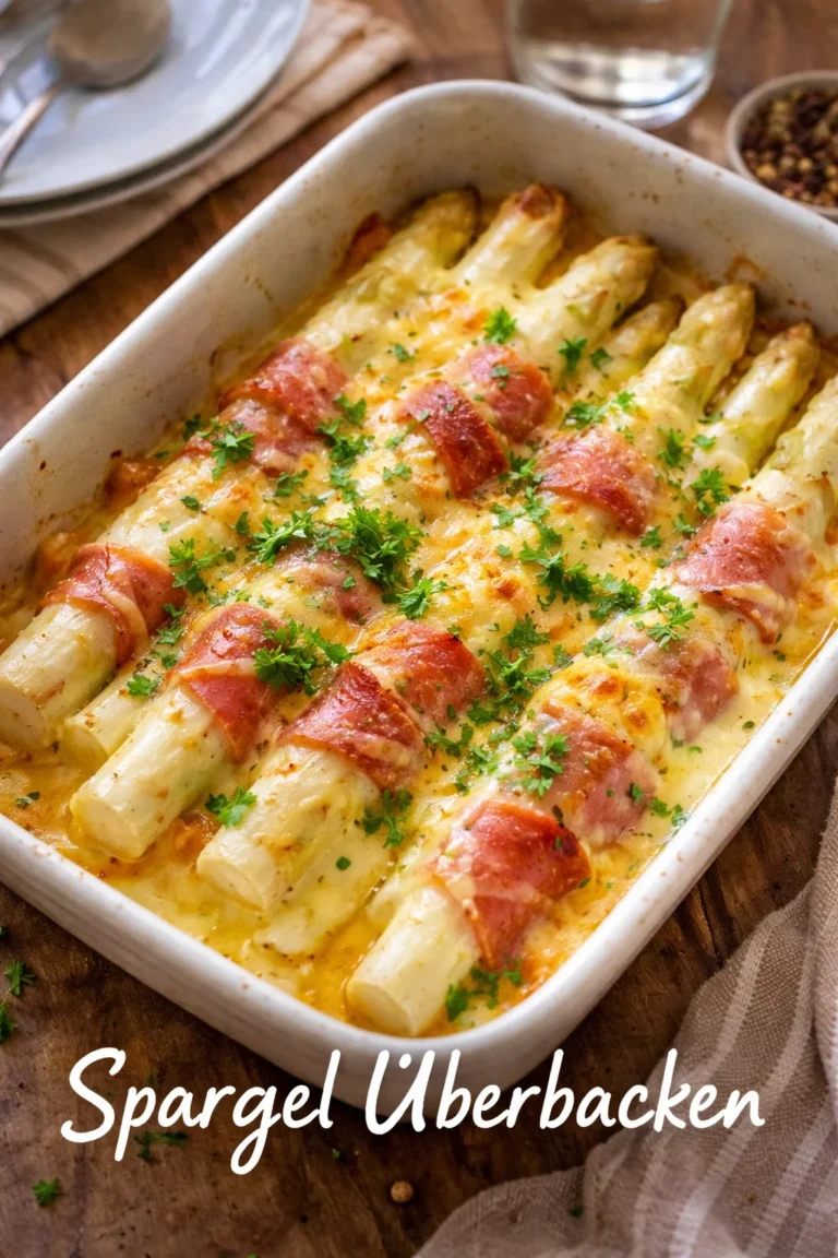 Leckeres Spargel Überbacken, serviert mit Käse und Kräutern.