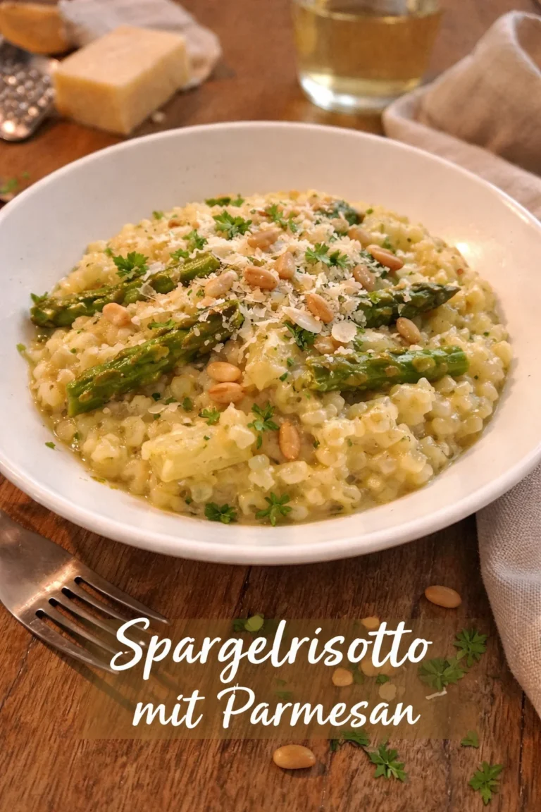 Spargelrisotto mit Parmesan, garnished and served in a bowl